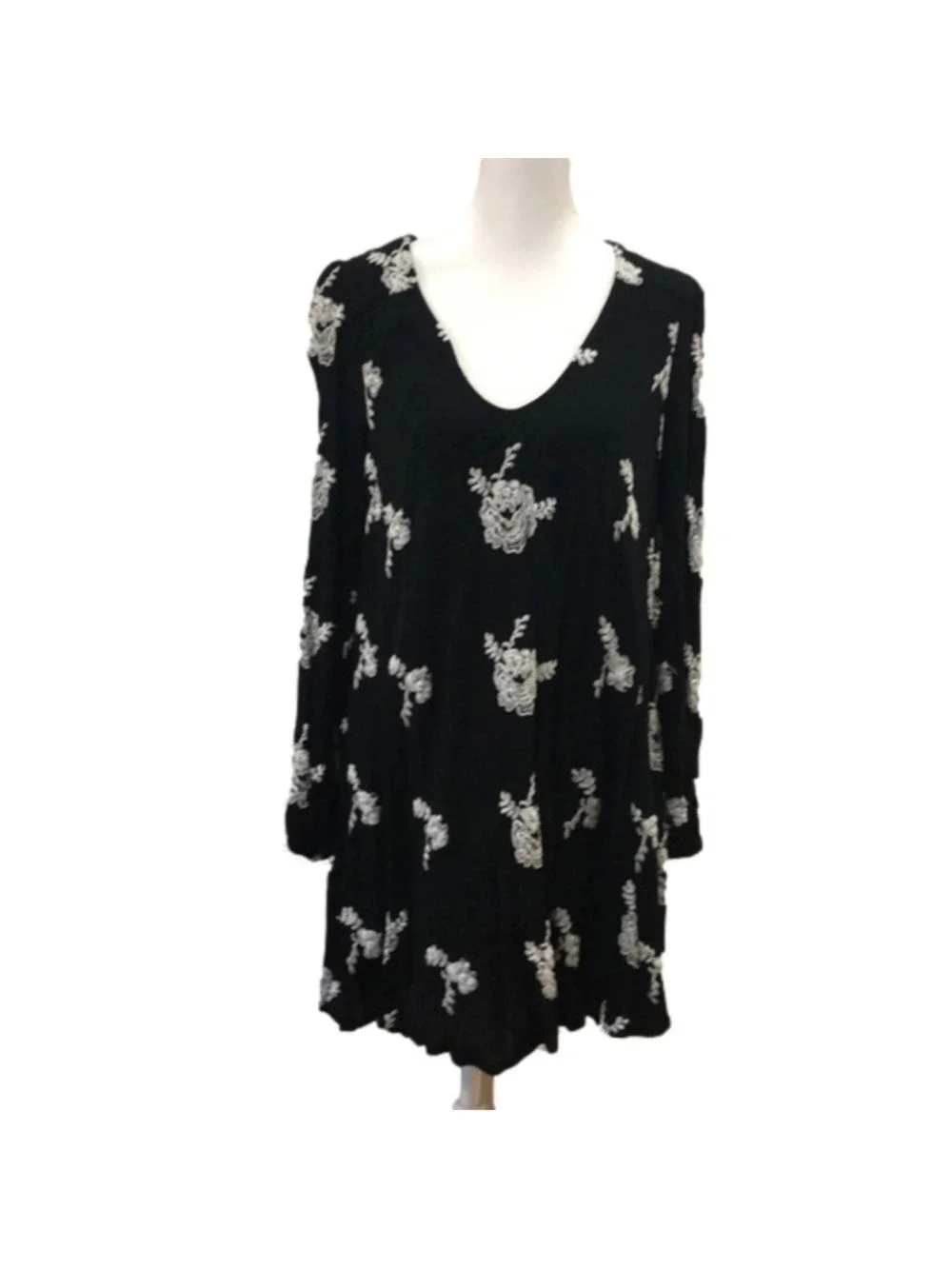 Free People Emma Flare Dress Crinkled Gauze Floral Keyhole Back Black & White S